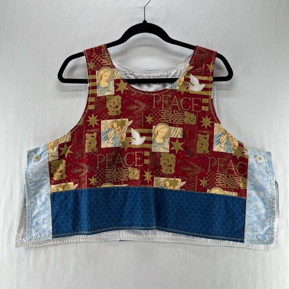 Handmade Upcycled Patchwork Vest Womens Angel Dove Peace Print Crop Top Blue Red - Picture 3 of 10